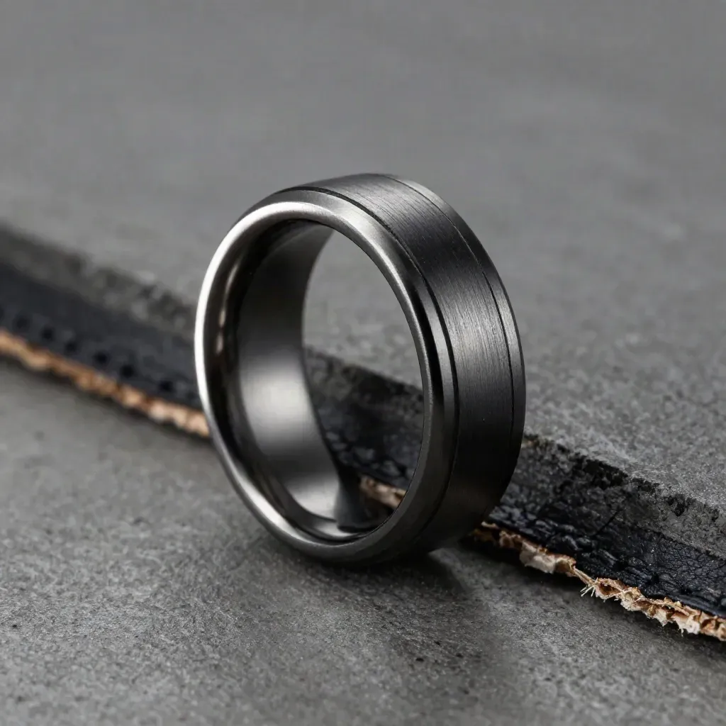 Anello uomo in acciaio nero su cemento scuro e pelle, macro elegante e maschile.